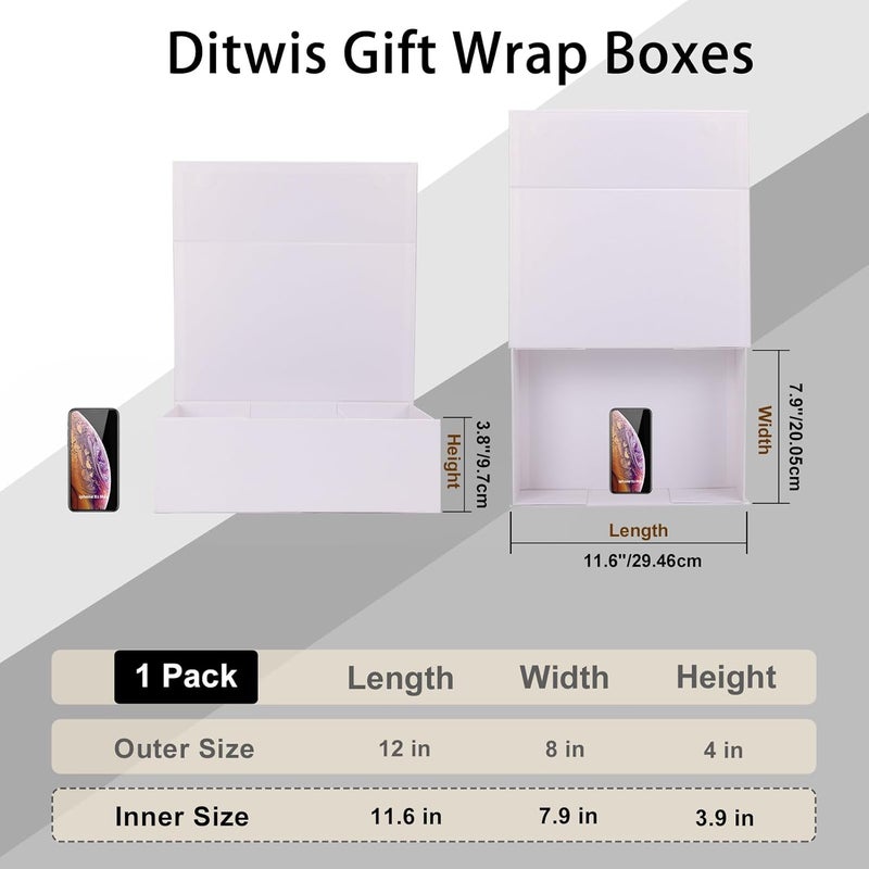Ditwis 12x8x4 Inches Gift Box with Magnetic Closure Lid, White Magnetic Box for Wedding, Groomsmen Bridesmaid Proposal, Birthdays, Mother's Day, 1 Pack - Image 2